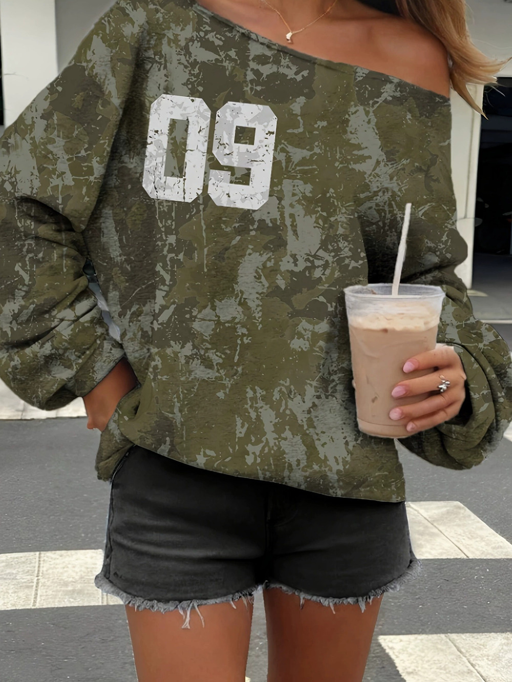 ZARA Women Camo Print Crew Neck Sweatshirt Long Sleeve Casual Pullover